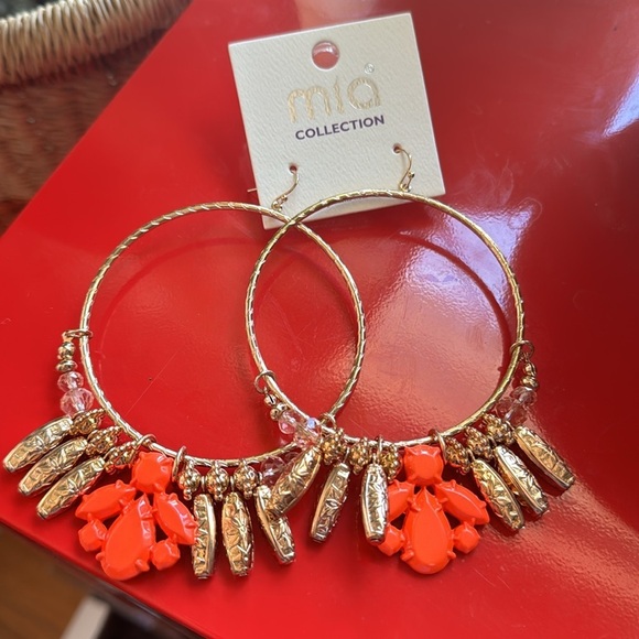 Mia Collection Beaded Gold Orange Pink Large Hoop Cactus Earrings - Picture 2 of 4
